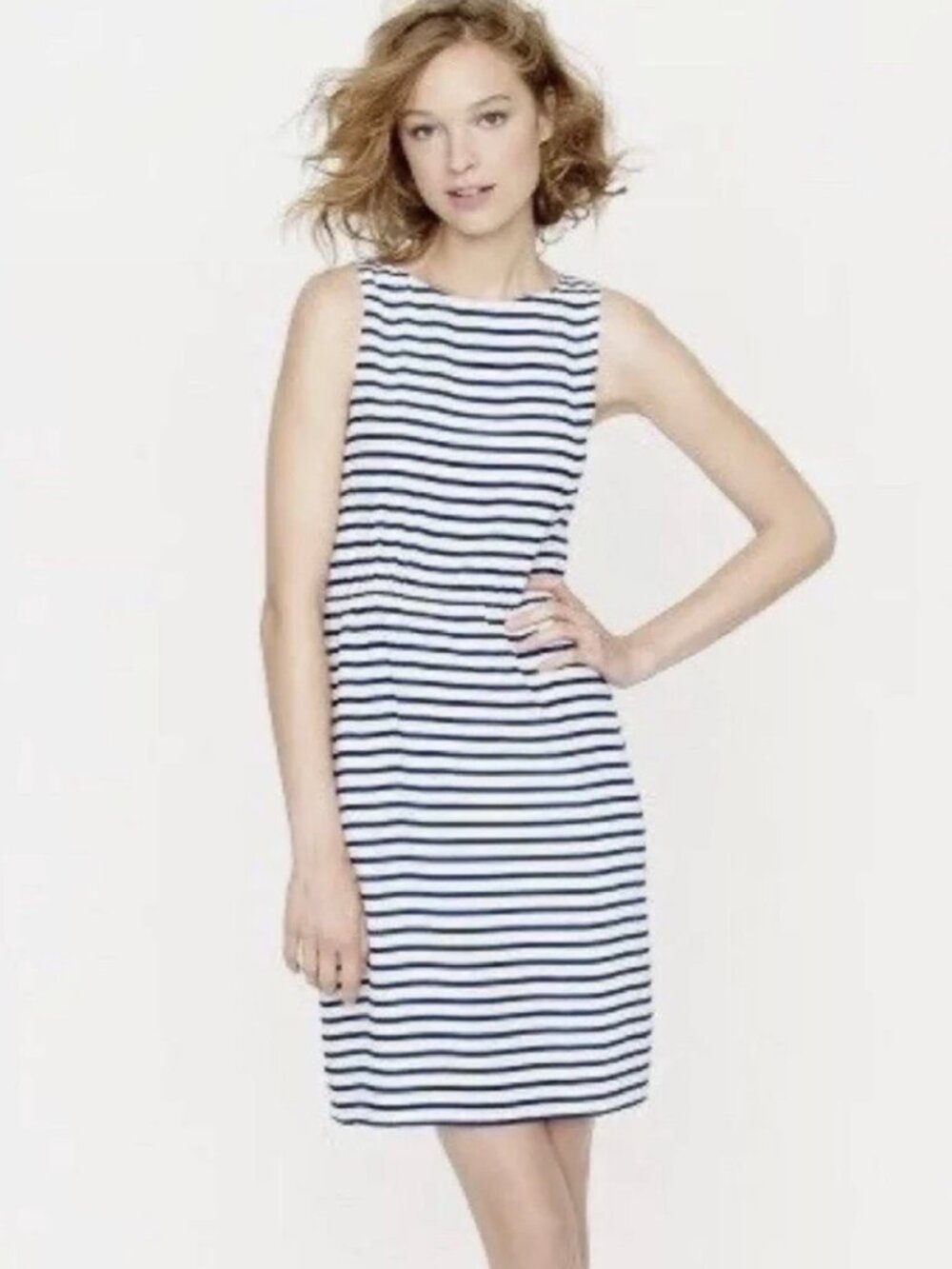 J. Crew Navy Striped Sleeveless Silk Dress